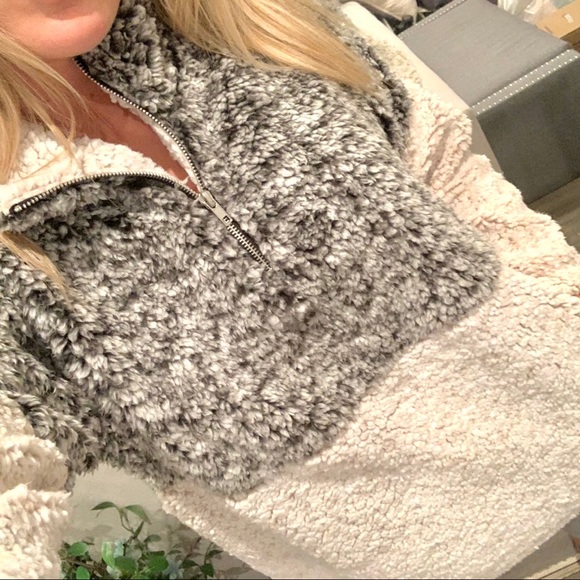 Cecile Charcoal Taupe Sherpa Pullover Sweater - Picture 4 of 6